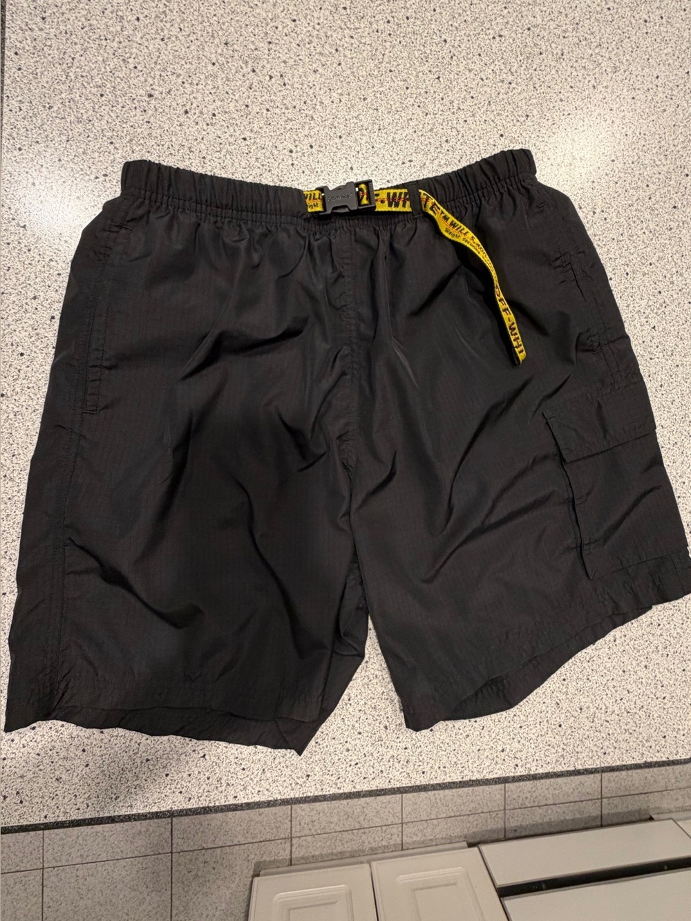 Off-White Black Cargo Swim Shorts with Yellow Webbing Belt